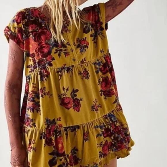 Free People Harper Mini Dress Cotton Corduroy Button Front Tiered Smocked Sz XS